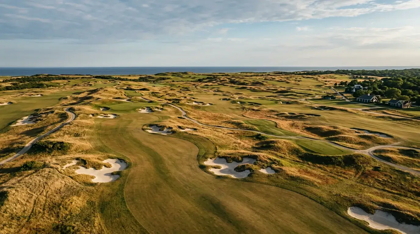 Vista aérea del campo de golf Shinnecock Hills con fairways ondulados y bunkers blancos frente al Atlántico